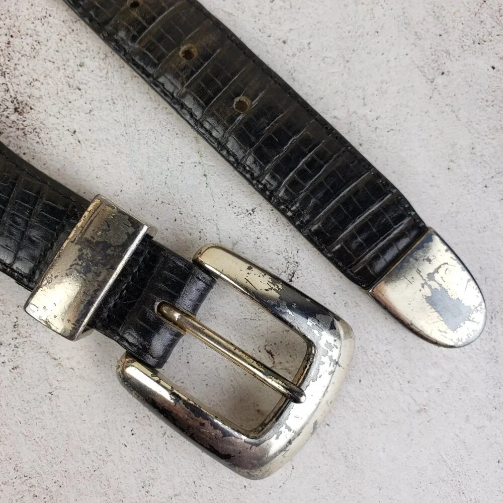 Vintage Brighton ONYX Leather Belt Western Black Croc Texture Patina Rustic Boho
